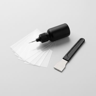 Mecham GlassFix windshield repair kit: resin applicator, curing films and razor blade