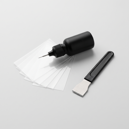 Mecham GlassFix windshield repair kit: resin applicator, curing films and razor blade